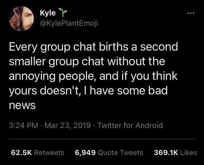 Every group chat births a second smaller group chat without the annoying people, and if you think yours doesn't, I have some bad
news