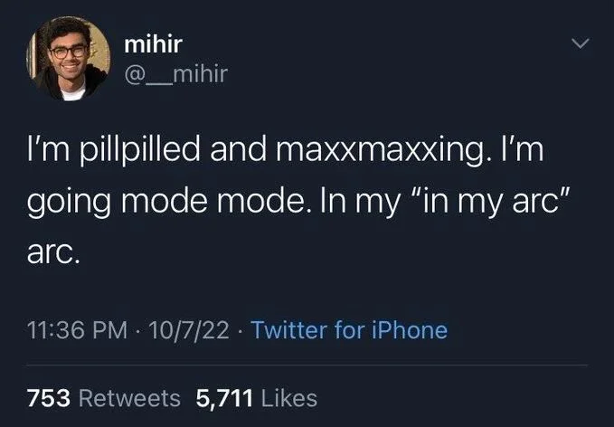 I'm pillpilled and maxxmaxxing. I'm going mode mode. In my "in my arc"
arc.