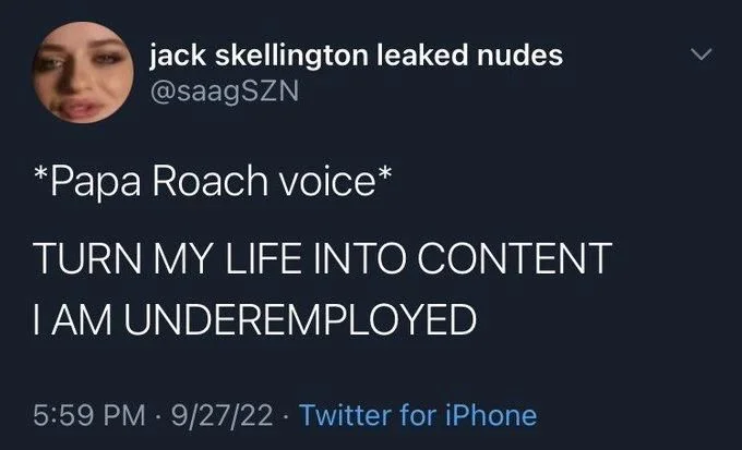 *Papa Roach voice*
TURN MY LIFE INTO CONTENT
I AM UNDEREMPLOYED