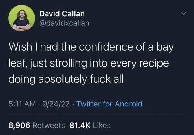 Wish I had the confidence of a bay leaf, just strolling into every recipe doing absolutely fuck all