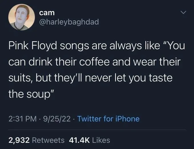 Pink Floyd songs are always like "You can drink their coffee and wear their suits, but they'll never let you taste the soup"