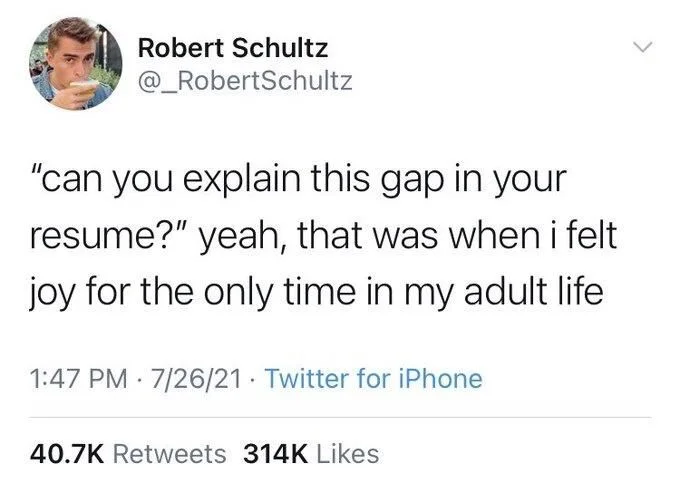 "can you explain this gap in your resume?" yeah, that was when i felt joy for the only time in my adult life