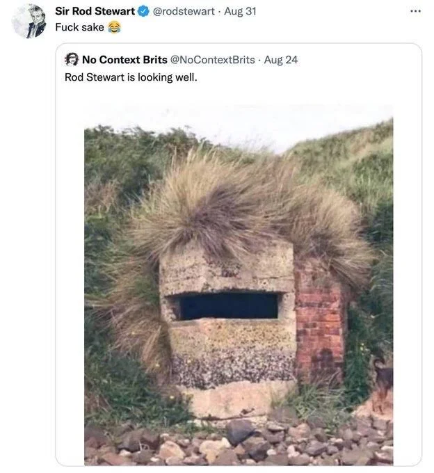 Aug 24 Rod Stewart is looking well.

(A decaying structure overrun with dried grass that somehow looks like rod stewart)

Sir Rod Stewart
@rodstewart Aug 31
Fuck sake
.