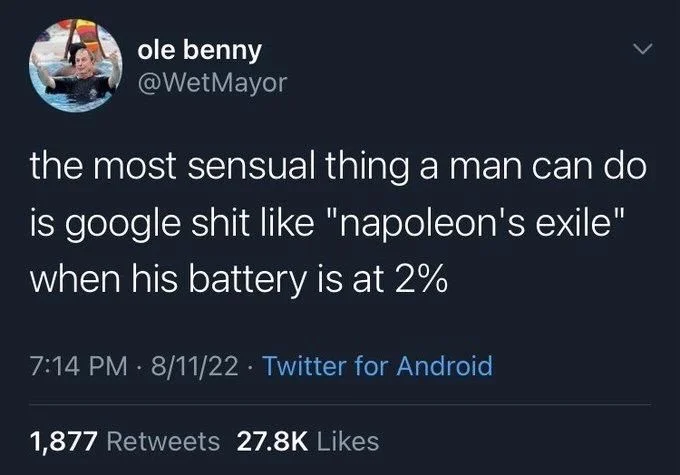 the most sensual thing a man can do is google shit like "napoleon's exile" when his battery is at 2%