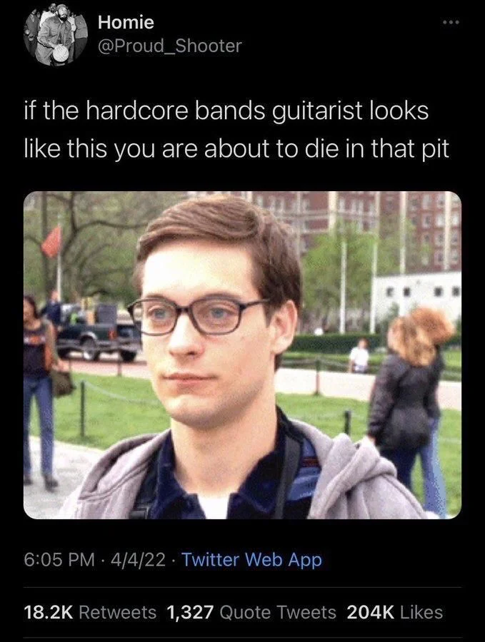 if the hardcore bands guitarist looks
like this you are about to die in that pit

(Photo of Tobey Maguire as Peter Parker)