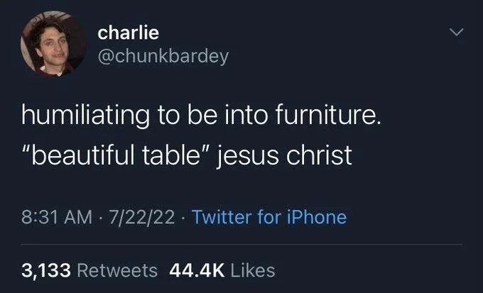 humiliating to be into furniture.
"beautiful table" jesus christ