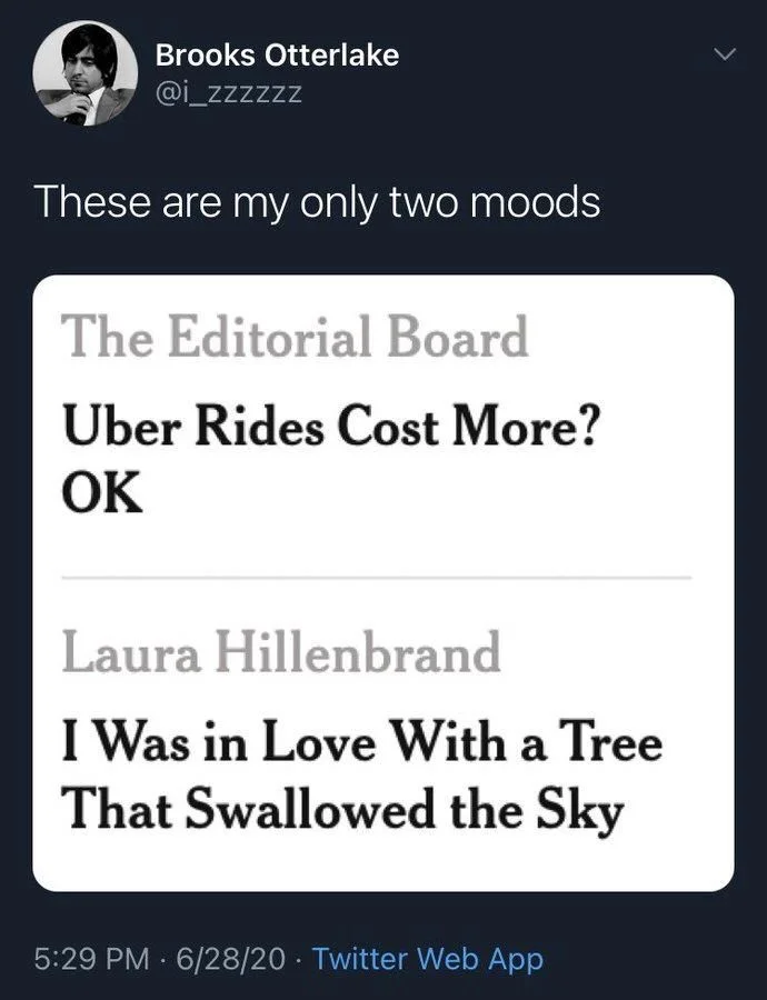 These are my only two moods

(Screenshot of two headlines)

Uber Rides Cost More?
OK
by The Editorial Board

I Was in Love With a Tree That Swallowed the Sky
by Laura Hillenbrand