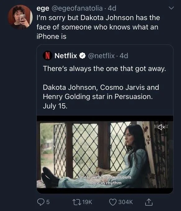 . 4d
I'm sorry but Dakota Johnson has the face of someone who knows what an iPhone is

(Screenshot of Dakota Johnson in a Netflix period piece)