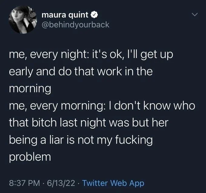 me, every night: it's ok, I'll get up early and do that work in the
morning
me, every morning: I don't know who
that bitch last night was but her
being a liar is not my fucking
problem
