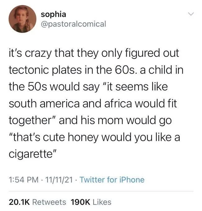 it's crazy that they only figured out tectonic plates in the 60s. a child in the 50s would say "it seems like
south america and africa would fit together" and his mom would go "that's cute honey would you like a cigarette"