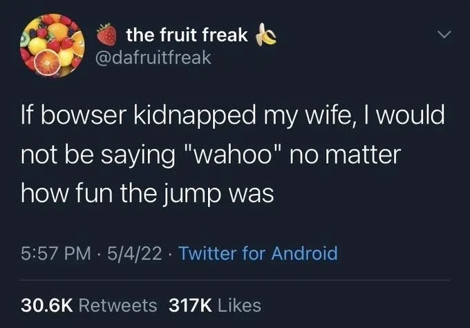 If bowser kidnapped my wife, I would
not be saying "wahoo" no matter how fun the jump was