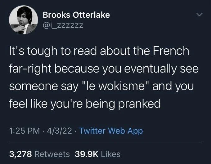 It's tough to read about the French far-right because you eventually see someone say "le wokisme" and you feel like you're being pranked