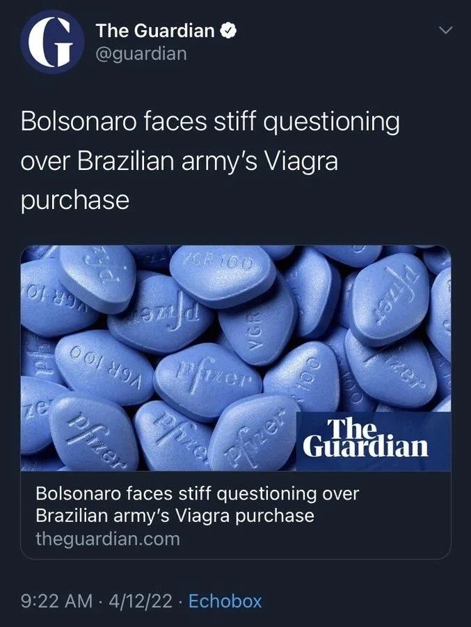 Bolsonaro faces stiff questioning
over Brazilian army's Viagra
purchase

(Guardian article)