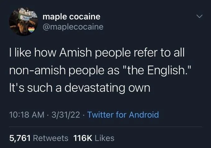 I like how Amish people refer to all non-amish people as "the English." It's such a devastating own