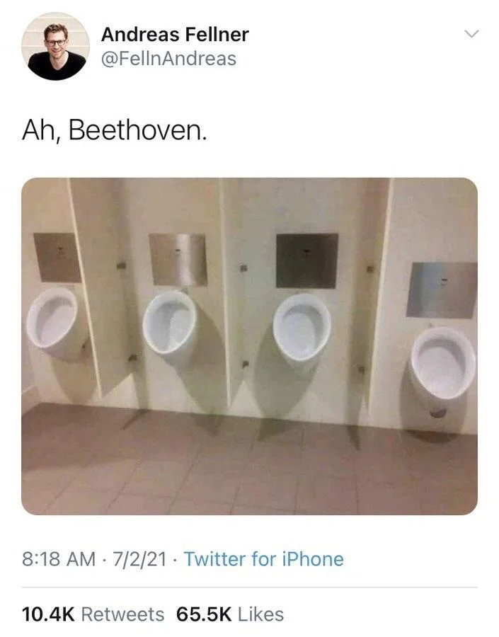 Ah, Beethoven.

(Photo of four evenly spaced urinals, the fourth slightly lower than the first three)