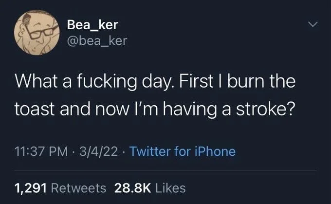 What a fucking day. First I burn the
toast and now I'm having a stroke?