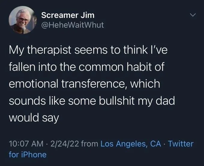 My therapist seems to think I've
fallen into the common habit of emotional transference, which sounds like some bullshit my dad would say