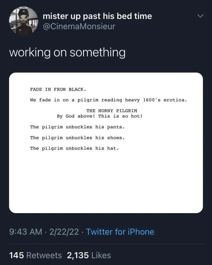 working on something

(Photo of first page of script)

FADE IN FROM BLACK.
We fade in on a pilgrim reading heavy 1600's erotica.
THE HORNY PILGRIM
By God above! This is so hot!
The pilgrim unbuckles his pants.
The pilgrim unbuckles his shoes.
The pilgrim unbuckles his hat.