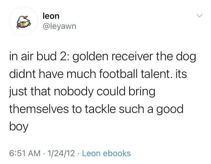 in air bud 2: golden receiver the dog didnt have much football talent. its just that nobody could bring themselves to tackle such a good
boy
