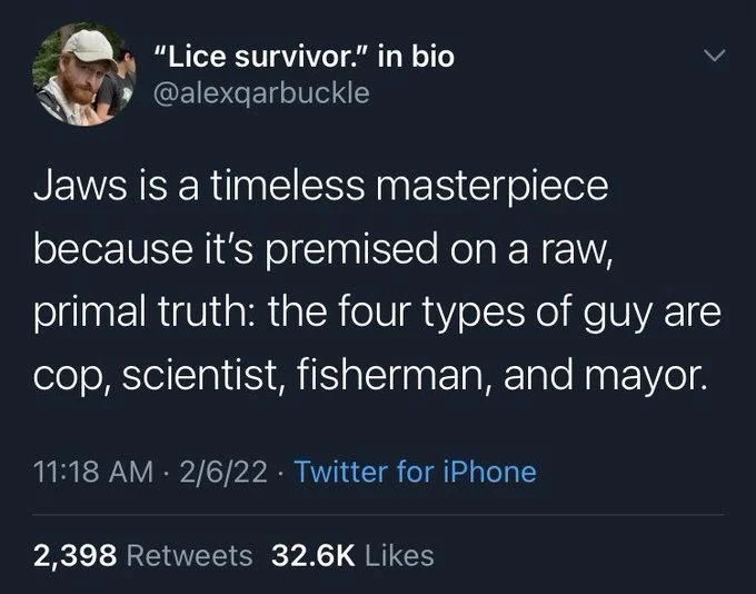 Jaws is a timeless masterpiece because it's premised on a raw, primal truth: the four types of guy are cop, scientist, fisherman, and mayor.