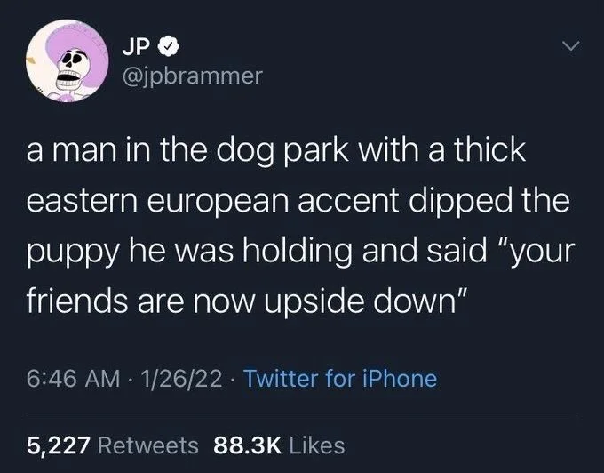 a man in the dog park with a thick eastern european accent dipped the puppy he was holding and said "your friends are now upside down"