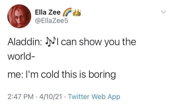 Aladdin: I can show you the
world-
me: I'm cold this is boring