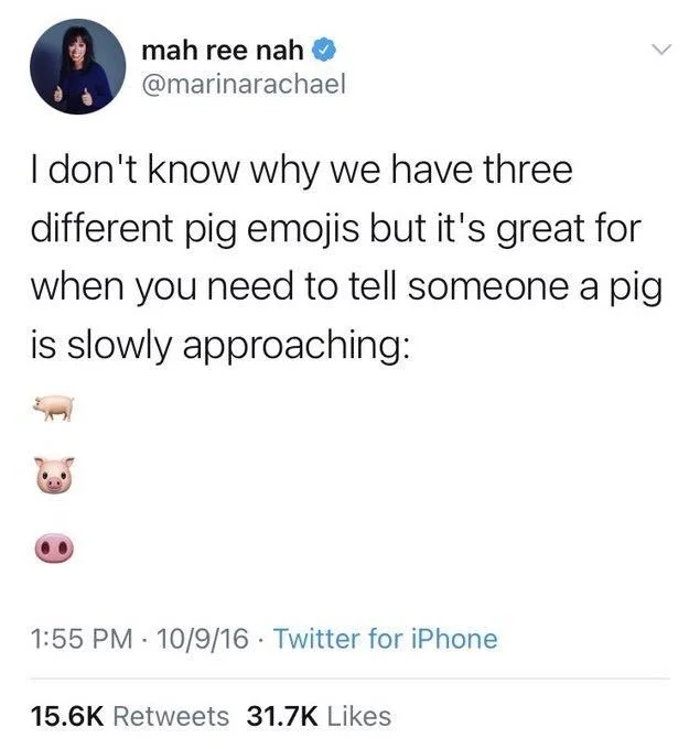 I don't know why we have three different pig emojis but it's great for when you need to tell someone a pig is slowly approaching:

(Pig full body emoji)
(Pig face emoji)
(Pig snout emoji)