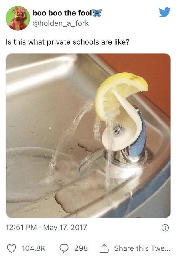 Is this what private schools are like?

(Water fountain with wedge of lemon on it)