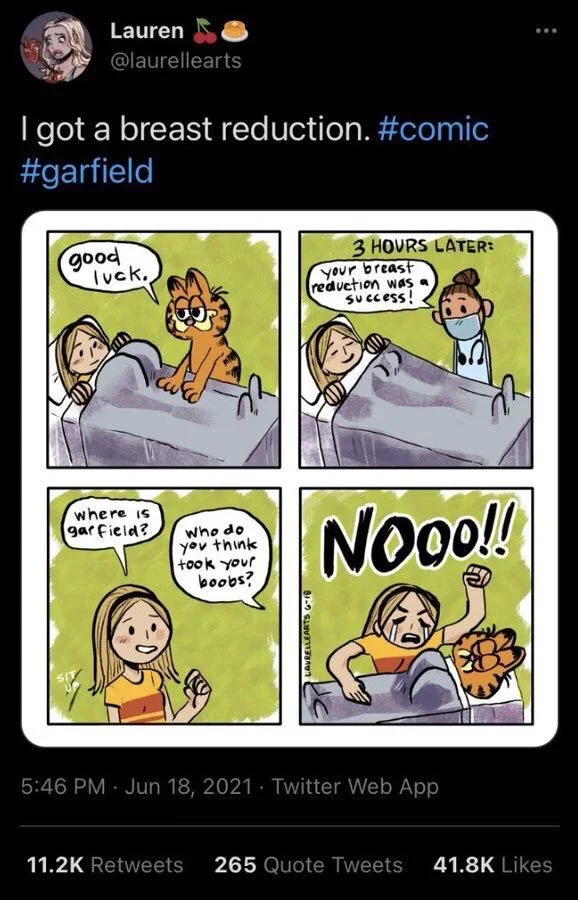 I got a breast reduction. #comic
#garfield

Panel 1:
Garfield to OP:
good luck.

Panel 2:
3 HOURS LATER:
Nurse to OP: 
your breast reduction was success!

Panel 3:
OP: where is gar field?
Nurse: Who do you think took your boobs?

Panel 4:
OP: Nooo!! (Wailing over a dead Garfield with large bosoms)
