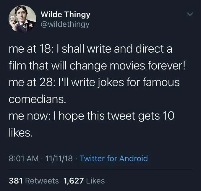 me at 18: I shall write and direct a
film that will change movies forever!
me at 28: I'll write jokes for famous comedians.
me now: I hope this tweet gets 10 likes.