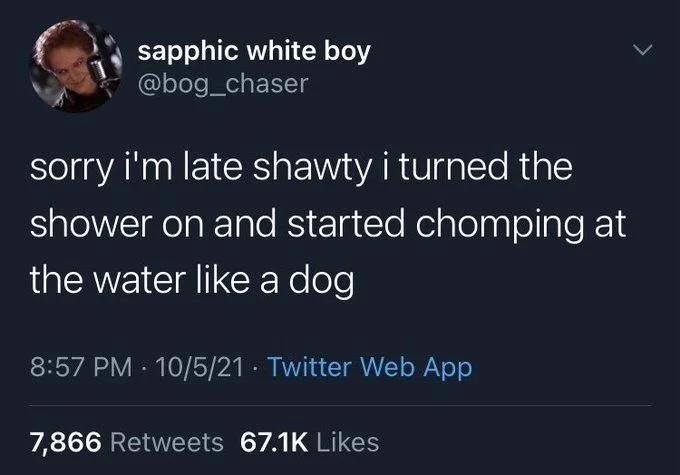 sorry i'm late shawty i turned the shower on and started chomping at the water like a dog