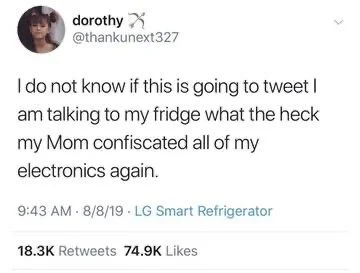I do not know if this is going to tweet | am talking to my fridge what the heck my Mom confiscated all of my
electronics again.
9:43 AM 8/8/19 LG Smart Refrigerator