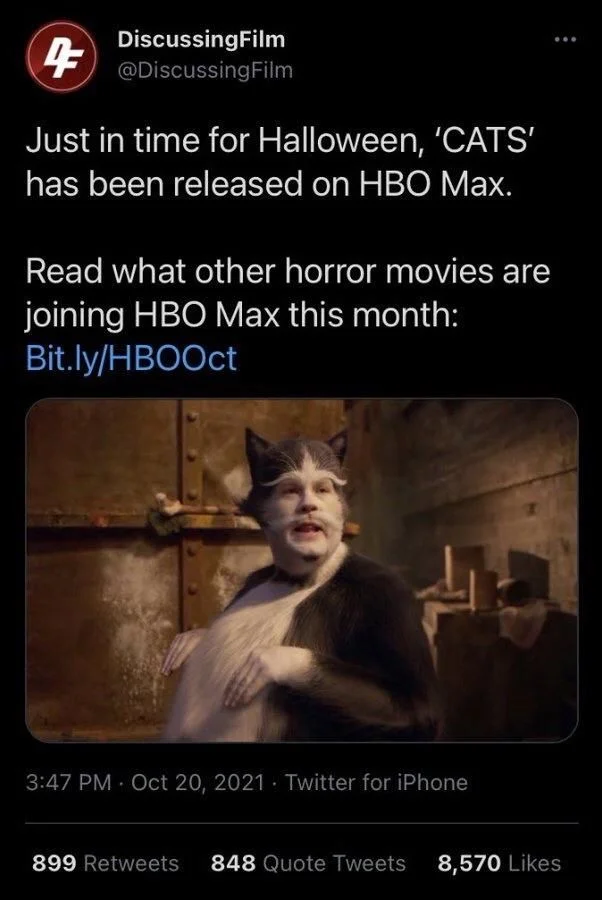 Just in time for Halloween, 'CATS' has been released on HBO Max.
Read what other horror movies are joining HBO Max this month

(Photo of James Corden as a horrifying cat)