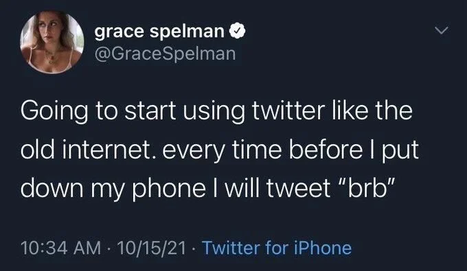 Going to start using twitter like the old internet. every time before I put down my phone I will tweet "brb"