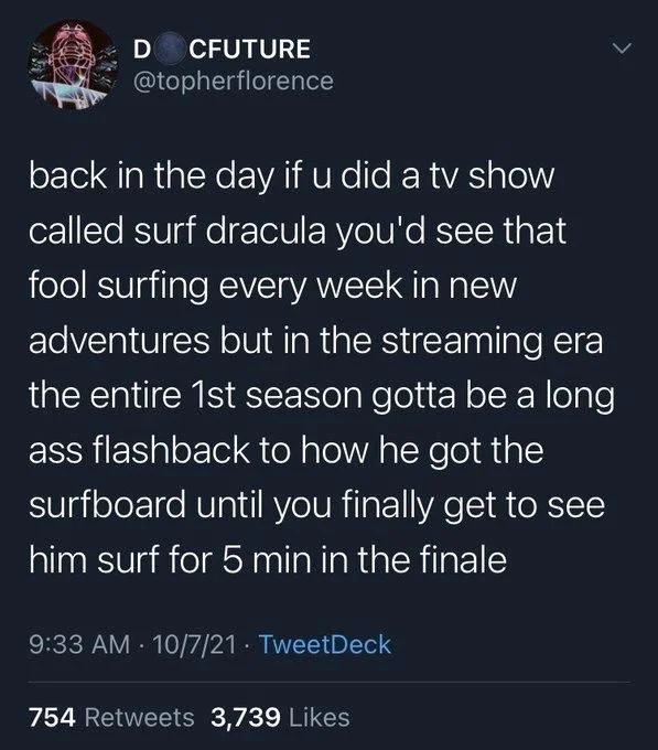 back in the day if u did a tv show called surf dracula you'd see that fool surfing every week in new adventures but in the streaming era the entire 1st season gotta be a long ass flashback to how he got the surfboard until you finally get to see him surf for 5 min in the finale