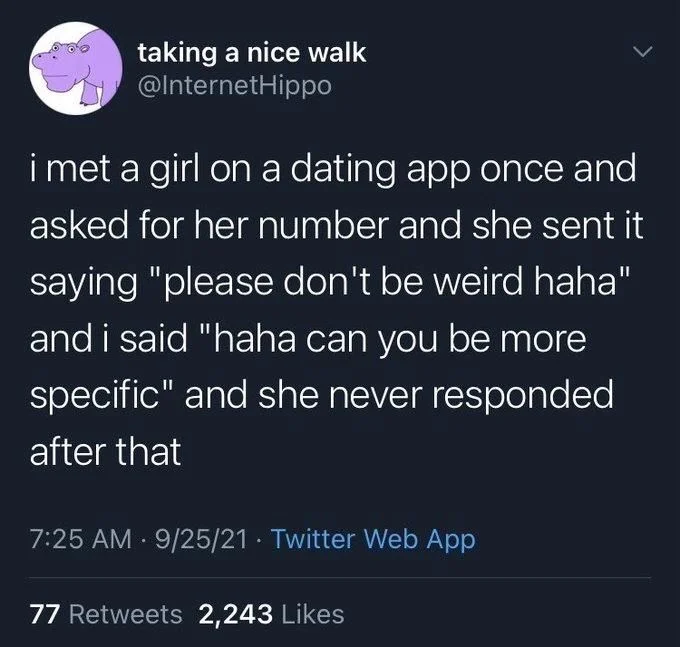 i met a girl on a dating app once and asked for her number and she sent it saying "please don't be weird haha" and i said "haha can you be more specific" and she never responded after that