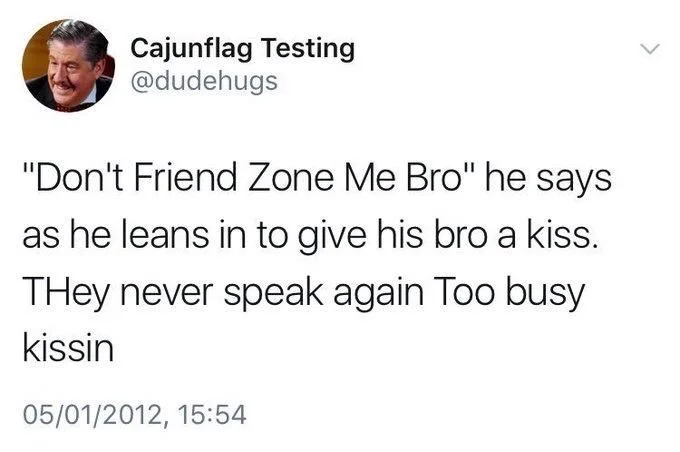 "Don't Friend Zone Me Bro" he says as he leans in to give his bro a kiss. THey never speak again Too busy kissin
