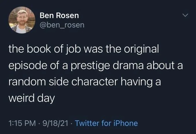 the book of job was the original
episode of a prestige drama about a random side character having a
weird day