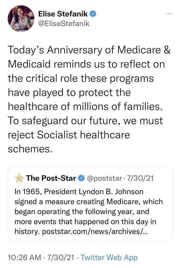 In 1965, President Lyndon B. Johnson signed a measure creating Medicare, which began operating the following year, and more events that happened on this day in history

Elise Stefanik @EliseStefanik
Today's Anniversary of Medicare & Medicaid reminds us to reflect on the critical role these programs have played to protect the healthcare of millions of families. To safeguard our future, we must reject Socialist healthcare
schemes.