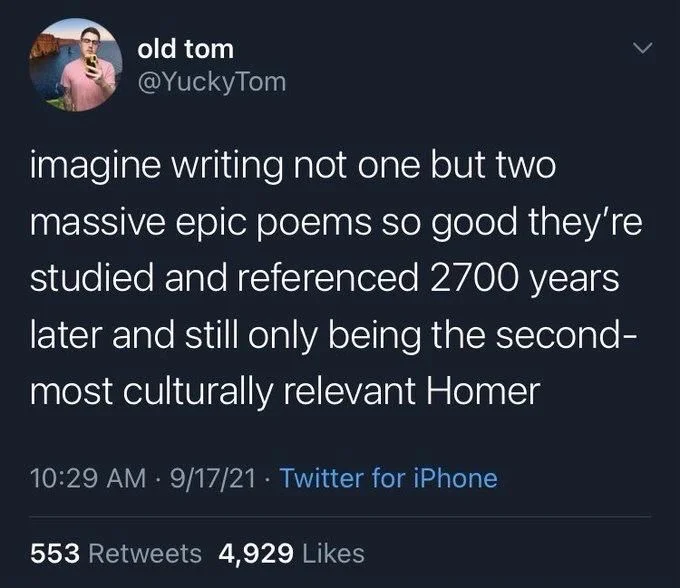 imagine writing not one but two massive epic poems so good they're studied and referenced 2700 years later and still only being the second- most culturally relevant Homer