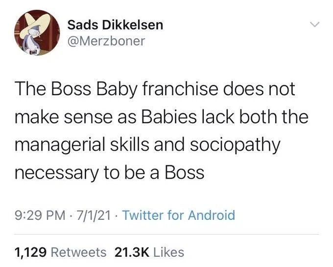 The Boss Baby franchise does not
make sense as Babies lack both the managerial skills and sociopathy
necessary to be a Boss