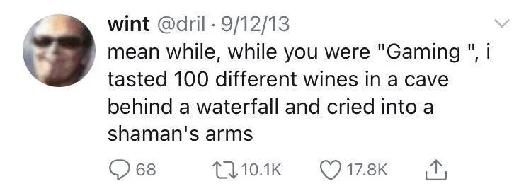 mean while, while you were "Gaming ", i tasted 100 different wines in a cave
behind a waterfall and cried into a
shaman's arms