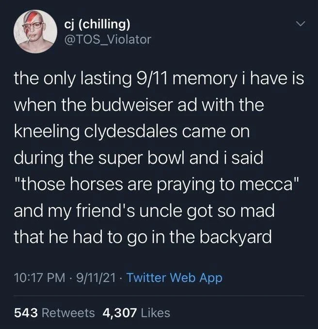 the only lasting 9/11 memory i have is
when the budweiser ad with the kneeling clydesdales came on during the super bowl and i said "those horses are praying to mecca" and my friend's uncle got so mad that he had to go in the backyard