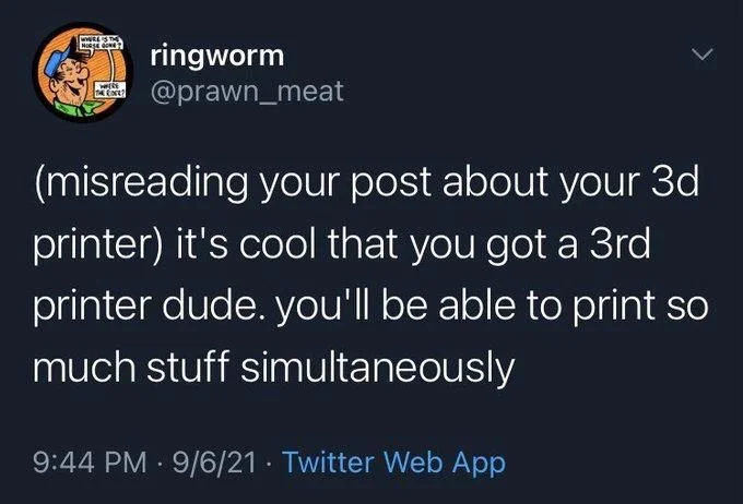 (misreading your post about your 3d printer) it's cool that you got a 3rd printer dude. you'll be able to print so much stuff simultaneously
