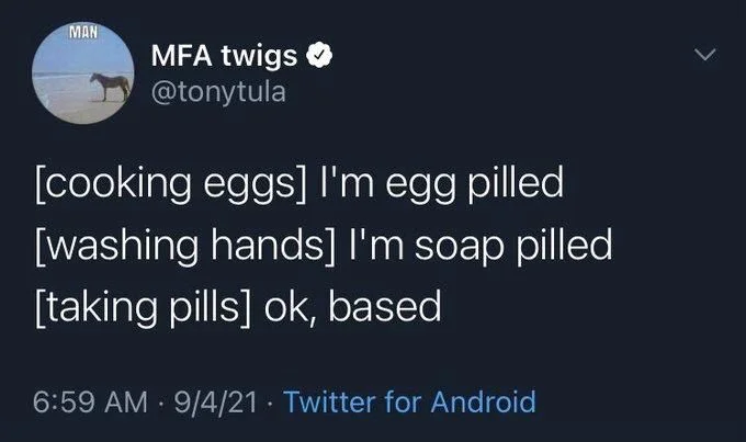 [cooking eggs] I'm egg pilled
[washing hands] I'm soap pilled
 [taking pills] ok, based