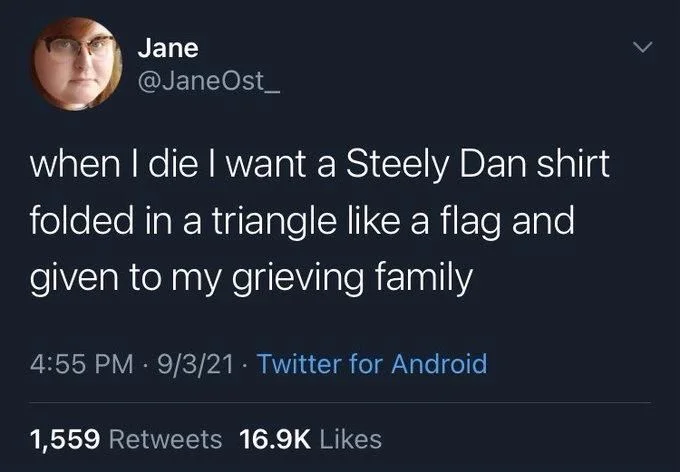 when I die I want a Steely Dan shirt
folded in a triangle like a flag and given to my grieving family