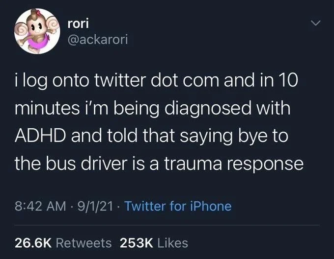 i log onto twitter dot com and in 10 minutes i'm being diagnosed with ADHD and told that saying bye to the bus driver is a trauma response