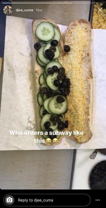 (Screenshot of his instagram story with the cucumber and olive sub and the caption:

Who orders a subway like
this