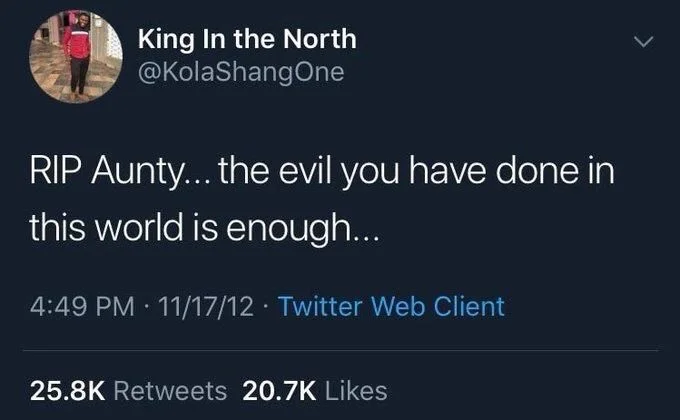 RIP Aunty... the evil you have done in
this world is enough...