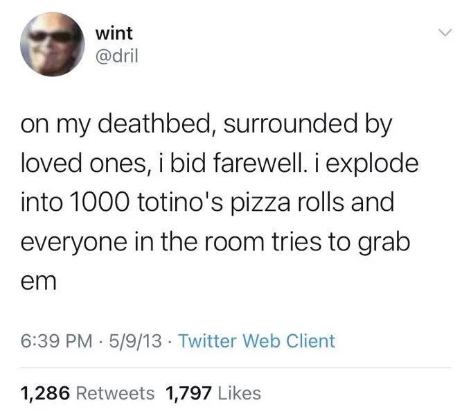 on my deathbed, surrounded by loved ones, i bid farewell. i explode into 1000 totino's pizza rolls and
everyone in the room tries to grab
em
